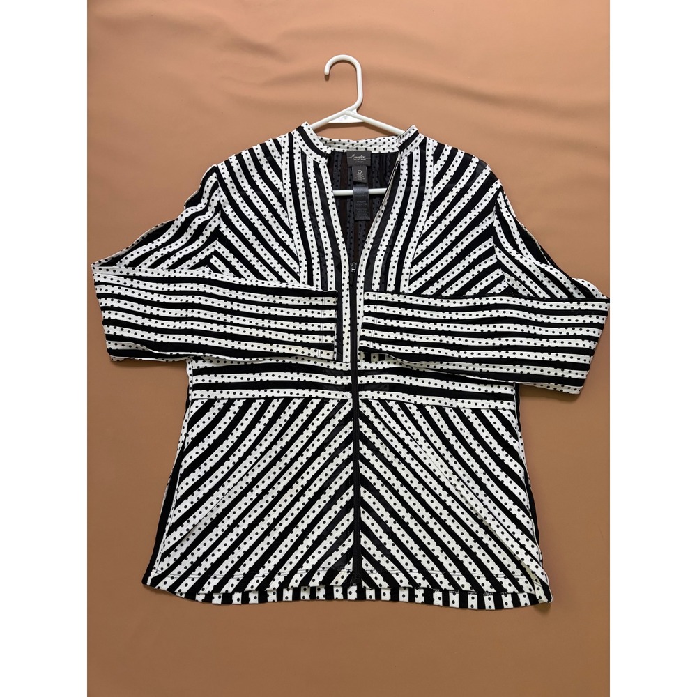 Chicos Travelers Collection Dottie Stripe Zip Front Mesh Top Black White Size 0